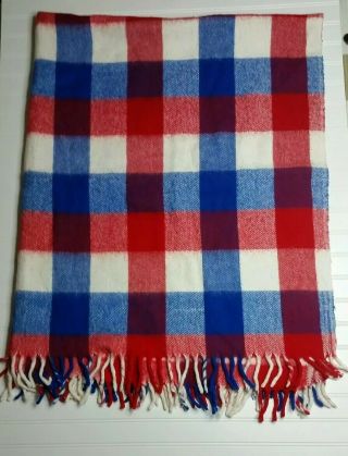 Vtg Faribo Red/white/blue Plaid Wool Stadium Blanket W/bag Fluff Loomed 53”x68