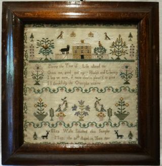 Early 19th Century House,  Motif & Verse Sampler By Eliza Wells Aged 13 - 1823