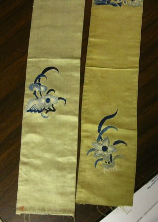 Pair Antique Chinese Silk Embroidery Long Panel Forbidden Stitch Floral 2