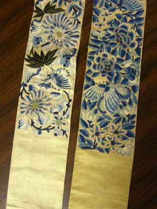 Pair Antique Chinese Silk Embroidery Long Panel Forbidden Stitch Floral 3