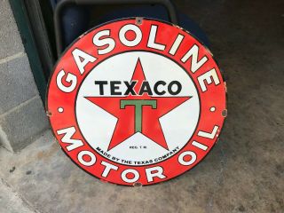 " Texaco Gasoline/motor Oil " Heavy Porcelain Sign (24 " Inch Round)