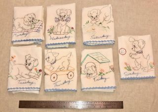 Vintage 7 Days Of The Week Hand Embroidered & Crochet Cotton Dish Towels Puppy