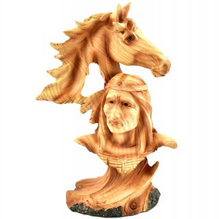Faux Wood Western Native American Indian With Horse Bust Resin Figurine