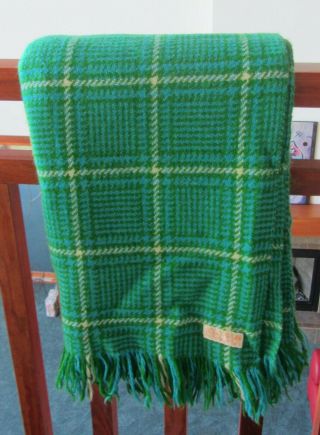 Pendleton Turquoise & Green Plaid Wool Blanket W/fringe 54 " X 60 " Throw Picnic