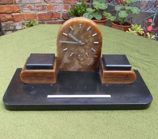 French Art Deco Black & Brown Marble Desk Clock  With Double Inkwells