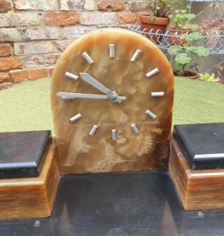 FRENCH ART DECO BLACK & BROWN MARBLE DESK CLOCK  WITH DOUBLE INKWELLS 2