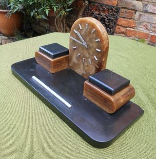 FRENCH ART DECO BLACK & BROWN MARBLE DESK CLOCK  WITH DOUBLE INKWELLS 3
