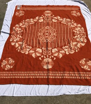Vintage Egyptian Wool Orange Mid Century Pattern Reversible Blanket 68x83