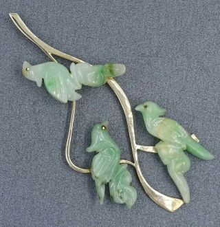Rare Vintage Hand - Carved Natural Jadeite Jade Birds 9ct Gold Pendant Authentic