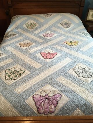 Vintage 1930s ‘40s Hand Quilted Appliquéd Butterfly Full Size Blue Quilt 92x82