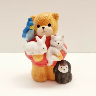 Lucy Rigg Enesco Lucy & Me 3 " Bear W/ Pets Cat Dog Rabbit Bird 1991 Vtg Figurine