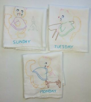 7 Cat Tea Towels Days Of The Week Embroidered Vintage Kitchen Kittens Complete 2