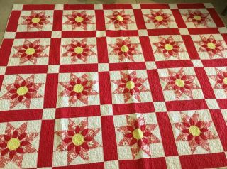 Vintage Patchwork Quilt,  Star Flower Design,  Red,  White,  Yellow,  Hand Quilted