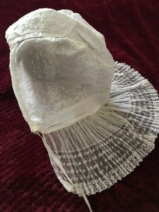 Rare Antique Pre 1900 Ladies Bonnet - Hand Embroidery On Linon,  Tulle Pleated