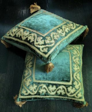 Vintage Pair Green Velvet Pillows Gold Applique Renaissance Style Tassel Feather