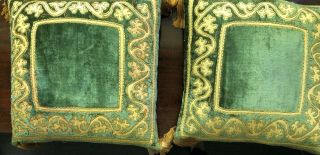 Vintage Pair Green Velvet Pillows Gold Applique Renaissance Style Tassel Feather 2
