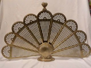 Vintage Brass Scallop Clam Shell Folding Peacock Fireplace Screen Brass Art Deco