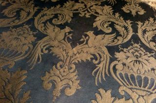 Extraordinary Antique French Wool/cotton Fabric Charcoal W Elevated Golden Birds