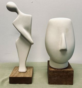Pair 2 Mid Century Modern Ceramic Sculptures Cycladic Head Art Deco Woman Dancer