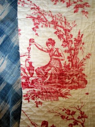 ANTIQUE FRENCH TOILE DE JOUY.  QUILTED.  MADDER RED AND CREAM ca.  1790 2