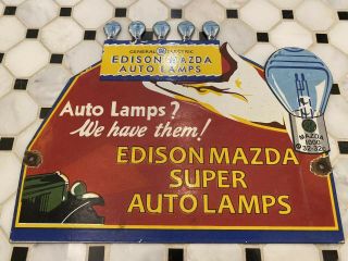 Vintage General Electric Porcelain Sign Ge Edison Mazda Auto Lamps Bulb Gas Oil