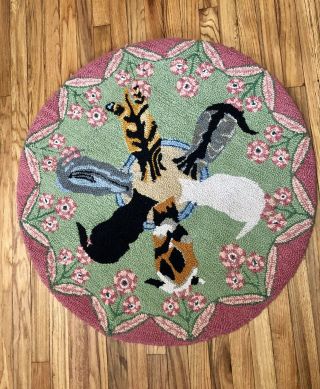Hand Hooked Rug 100 Wool Round 36 " Made In India Cats Floral Multi Color