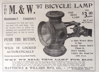 1897 Ad (1800 - 19) Matthews & Willard Mfg.  Co.  Waterbury,  Conn.  Bicycle Lamp