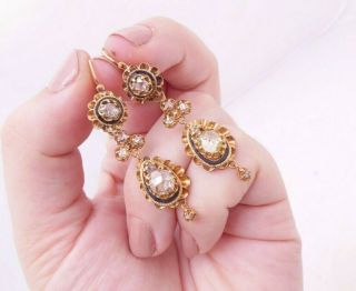 18ct Gold Old Mine Rose Cut Diamond Black Enamel Earrings,  Victorian