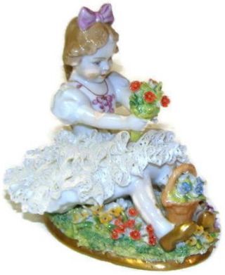 Vintage Sitzendorf Dresden Lace Figurine Girl In Field Of Flowers With Bouquet