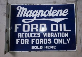 Porcelain Ford Magnolene 2 Sided Enamel Sign 22.  5  X 16  INCHES Flange 2