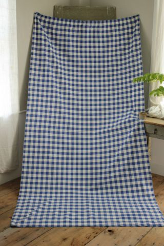 Antique French Vichy Check Fabric Curtain Drape Blue Panel 1950 