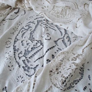 Antique Italian Linen Hand Embr Cutwork Bed Cover Point De Venise Lace Portrait,