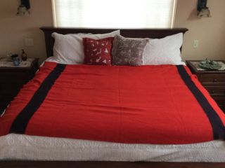 Vintage Hudson’s Bay Wool Blanket Queen Full Red With Black Stripes.  80” X 62”