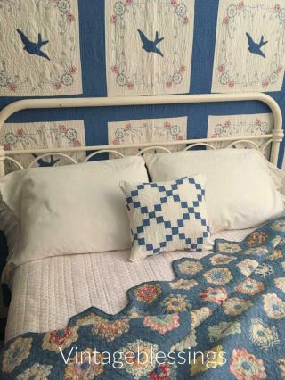 Vintage 30s Blue White Checker Pillow Sham 14 x 15 (1) 2