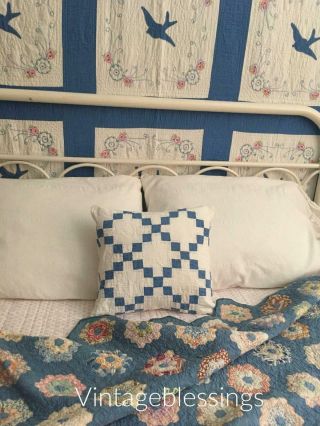 Vintage 30s Blue White Checker Pillow Sham 14 x 15 (1) 3