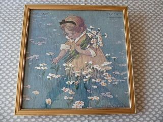 Vintage Hand Embroidered Picture/ Little Girl Daisy Picking.  Jesse Wilcox Smith