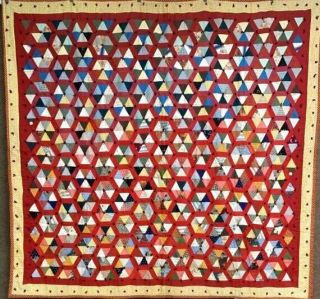Small Scale C 1900s " Hexie Webs " Quilt Turkey Red String Fabric Sampler Antique