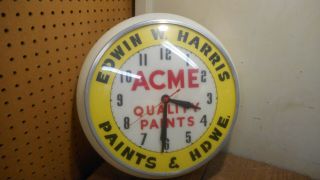 Vintage Dualite Acme Quality Paints 14 " Lighted Wall Clock Edwin W.  Harris Hdwe