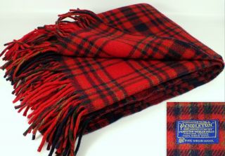 Vtg Pendleton Virgin Wool Red Tartan Plaid Fringe Throw Blanket 70 " X 50 " N