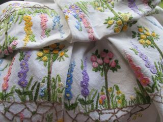 Vintage Hand Embroidered Linen Tablecloth - Exquisite Cottage Garden Flowers