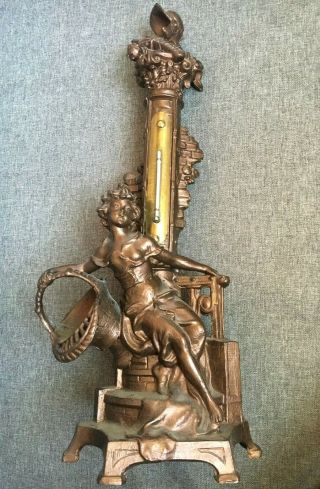 Big Antique Art - Nouveau Thermometer Made Of Regule Bronze Tone Late 1800 