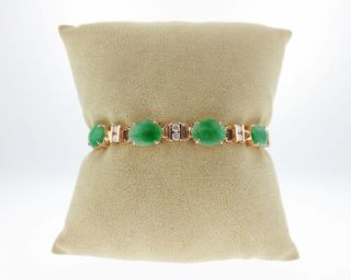 Fine Estate Green Jades Diamonds Solid 18k Yellow Gold 6.  25 " Handmade Bracelet