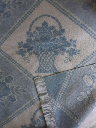 Vintage Wool Blanket Satin Trim Blue Flower Basket 68 X 75 " Full Shabby Cottage