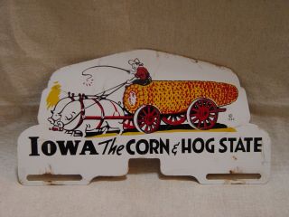 Vintage Iowa The Corn & Hog State Graphic Metal License Plate Topper Farm Sign