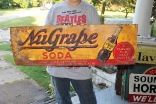 Rare Vintage 1940s Nugrape Nu Grape Soda Pop Gas Station 36 " Embossed Metal Sign