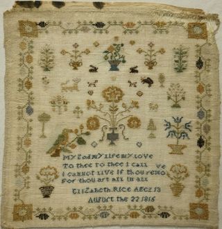 Early 19th Century Motif & Verse Sampler By Elizabeth Rice Aged 13 - 1815