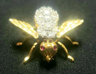 Vintage 18k Solid Yellow Gold Bumble Bee Brooch W 0.  90 Tcw Of Natural Diamonds