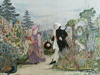 20s Embroidered Crinoline Lady Beau Garden Floral Peacock Picture