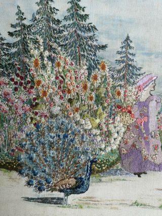 20s EMBROIDERED CRINOLINE LADY BEAU GARDEN FLORAL PEACOCK PICTURE 3