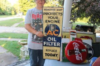 Rare Vintage 1935 Ac Oil Filters Gas Station 30 " Embossed Metal Sign